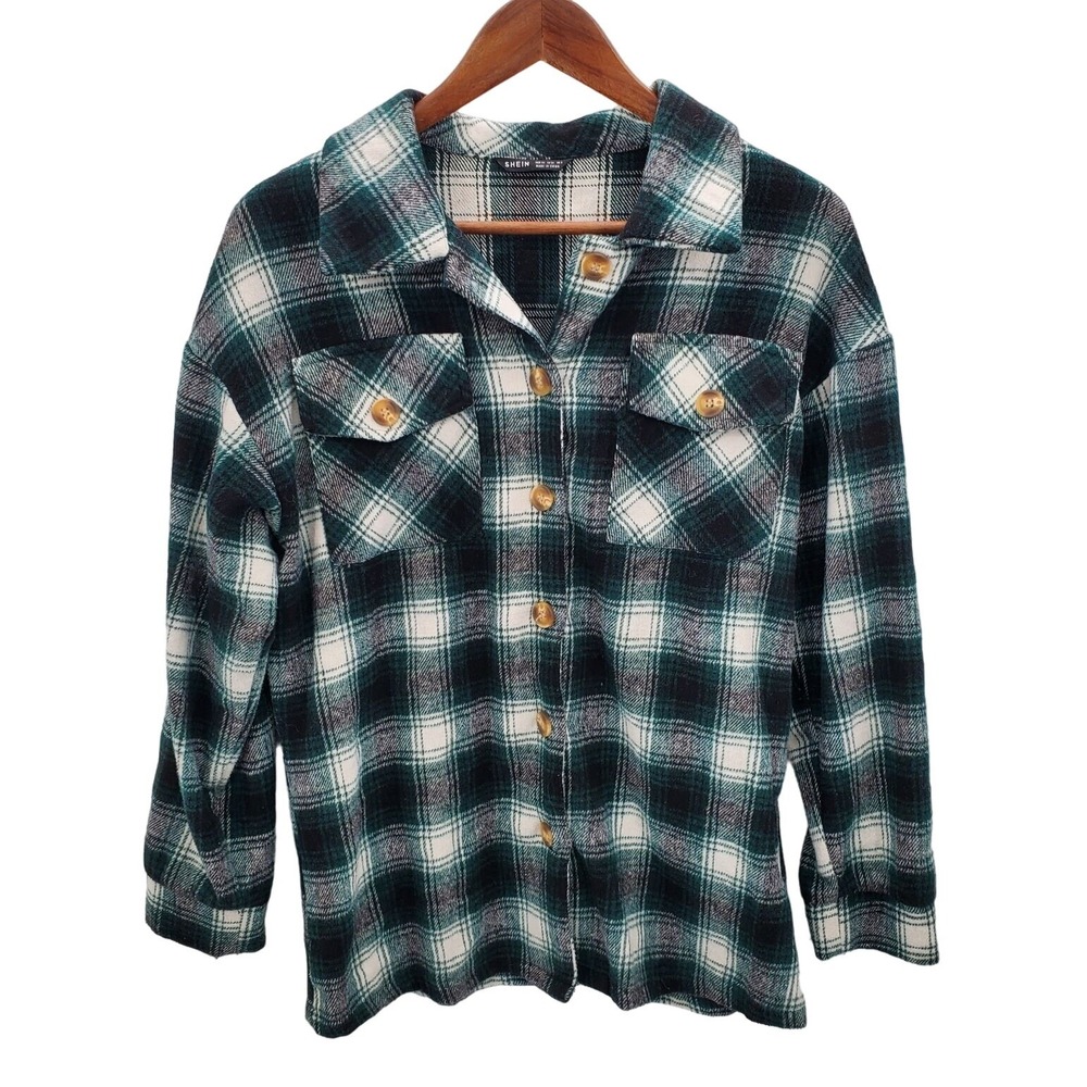 Womens XS Plaid Flannel Shirt Green Black Button Up Grunge Long Sleeve Soft